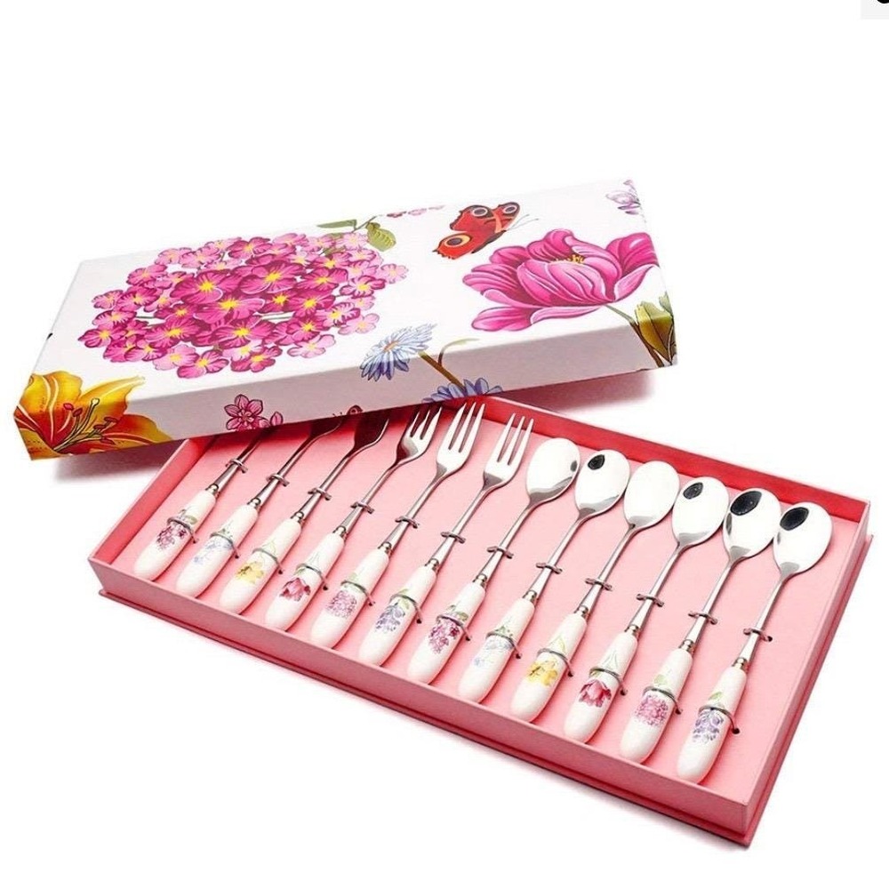 HOBO 12 Piece Dessert Flatware Set Floral Ceramic Handle Spoons Forks Gift Box